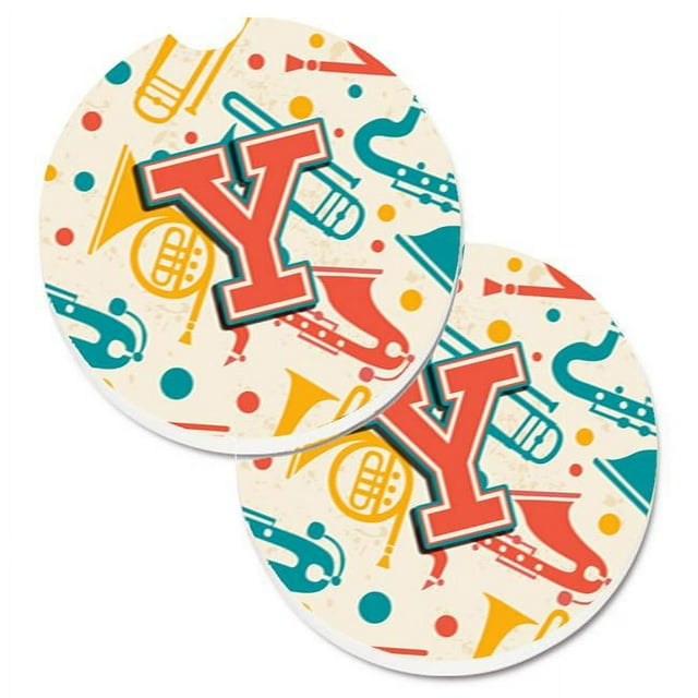 Carolines Treasures CJ2001-YCARC Lettre Y Rétro Sarcelle Orange Instruments de Musique Initial Ensemble de 2 Tasse Titulaire Voiture Coaster