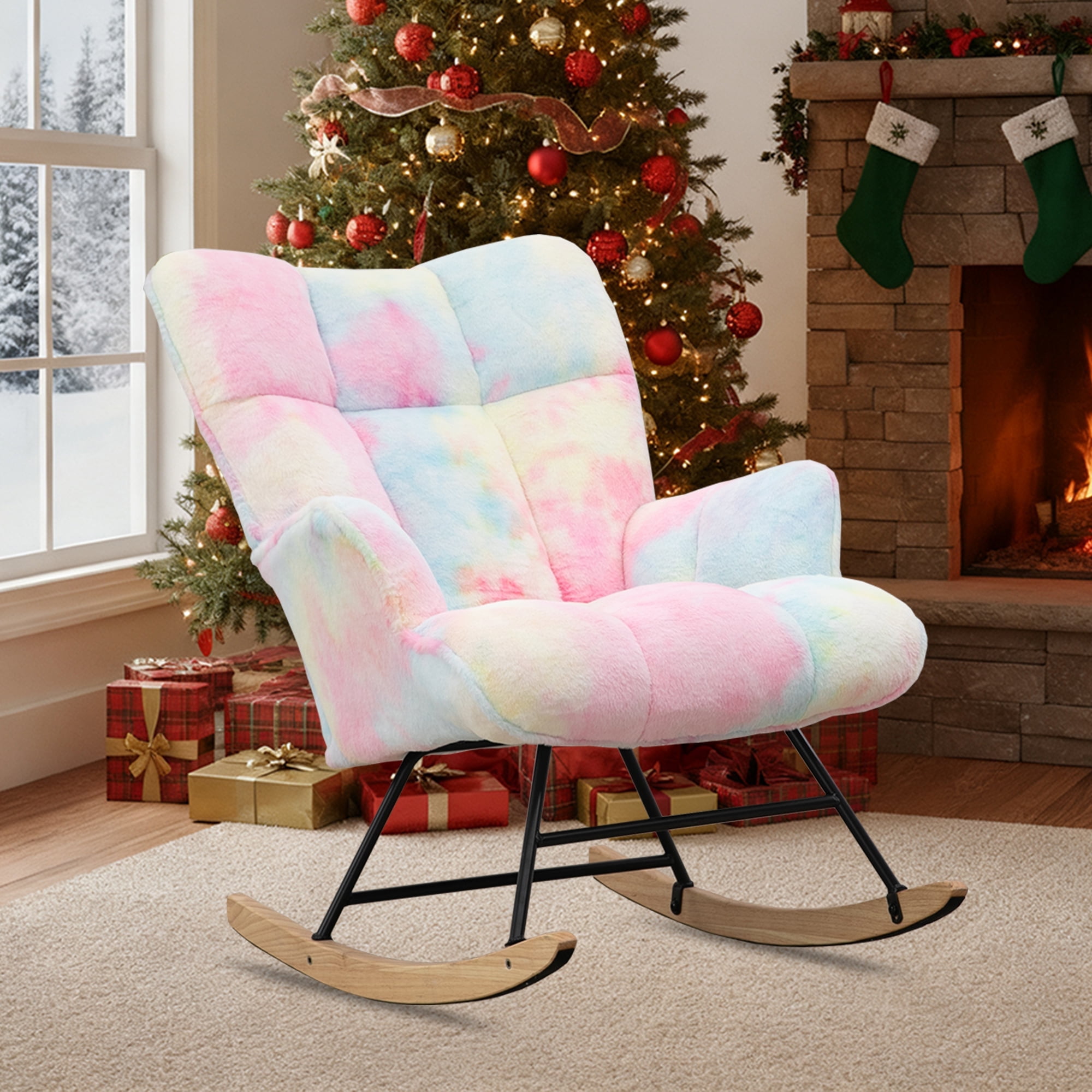 Nursery Rocking Chair, Upholstered Glider Rocker with High Backrest, Comfortable Stylish Accent Armchair with Padded Seat for Living Rooms, Bedrooms, Offices