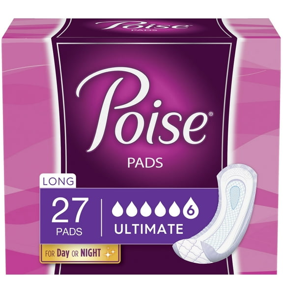 Poise Incontinence Pads for Women, Ultimate Absorbency, Long, Original Design, 27 Count (Pack of 2)