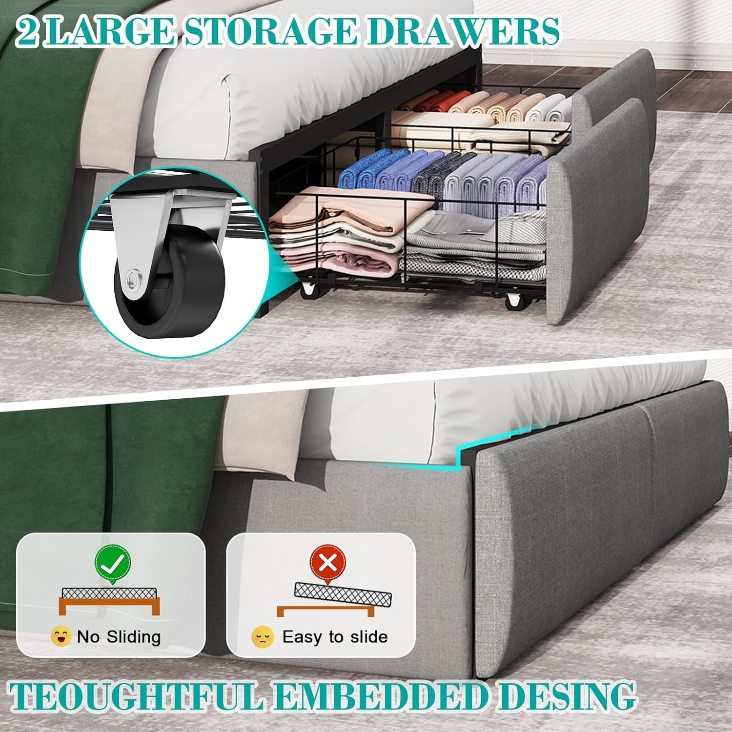 DRNANLIT Queen Bed Frame with 2 Storage Drawers, Platform Bed Frame Queen Size with LED Light, Upholstered Headboard, Charging Station, Steel Slat Support, No Box Spring Needed,Gray