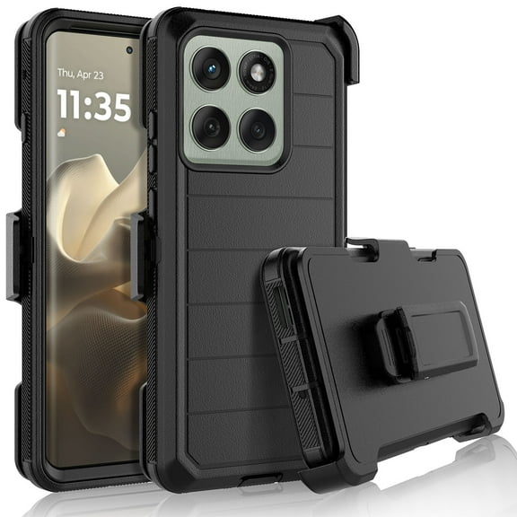 For Motorola Moto Edge 2025 Case with Belt-Clip Holster, Tekcoo Military Grade Drop Protection Heavy Duty Shockproof Rugged Full Protective Phone Case Kickstand Cover for Moto Edge 2025 - Black