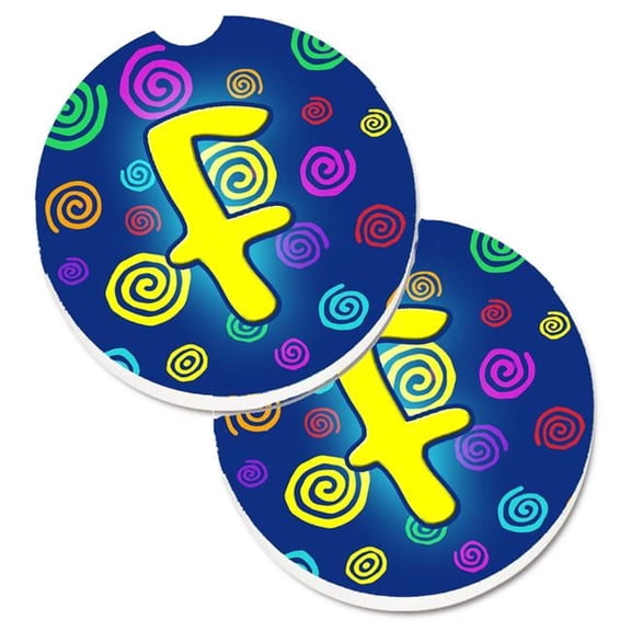 Letter F Initial Monogram Blue Swirls Set of 2 Cup Holder Car Coaster