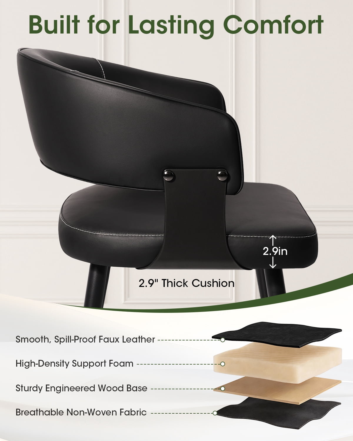 Modern Kitchen Chair Set of 4, Upholstered Faux Leather Dining Chairs with Curved Back, Easy Assembly for Dining Room Restaurant Cafe, Black