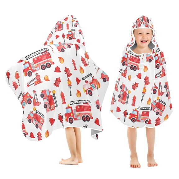 Yayeee Kids Hooded Towel with Hand Pockets Beach Soft Absorbent Bath Wrap 50 x 23.5 inch, White Cartoon Fire Truck Pattern