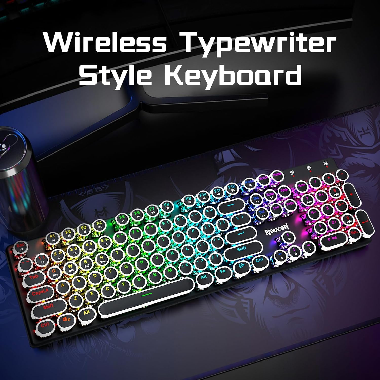 Wireless Typewriter Mechanical Keyboard with Backlight, Blue Clicky Switches, Rechargeable Battery, Solid Metal Panel, and Round Keycaps