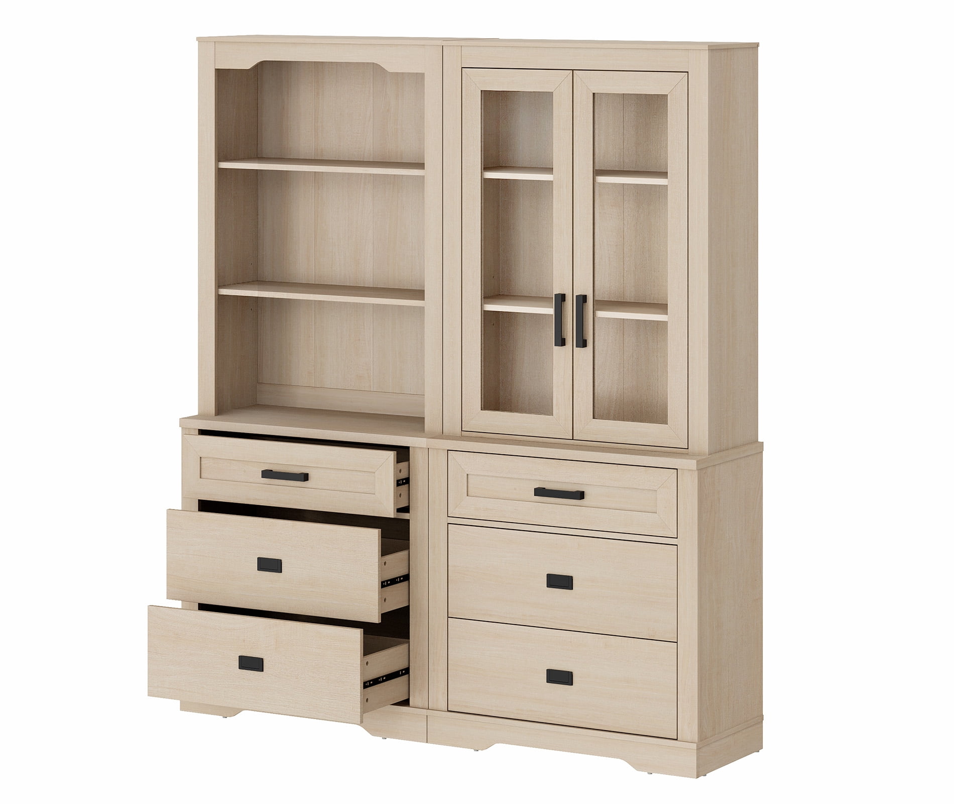 WAMPAT 2 Column 3 Tier Bookcase with Drawer,73.3" Tall Floor Standing Bookshelf,Modern Farmhouse Display Storage Cabinet with Adjustable Shelves for Living Room,Beige Oak
