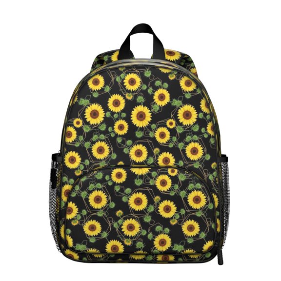 Sunflower and Geometric Black Pattern Backpack for School, Cute School Bag with Adjustable Shoulder Straps and Padded Back, 13.8"x11.4"x6"