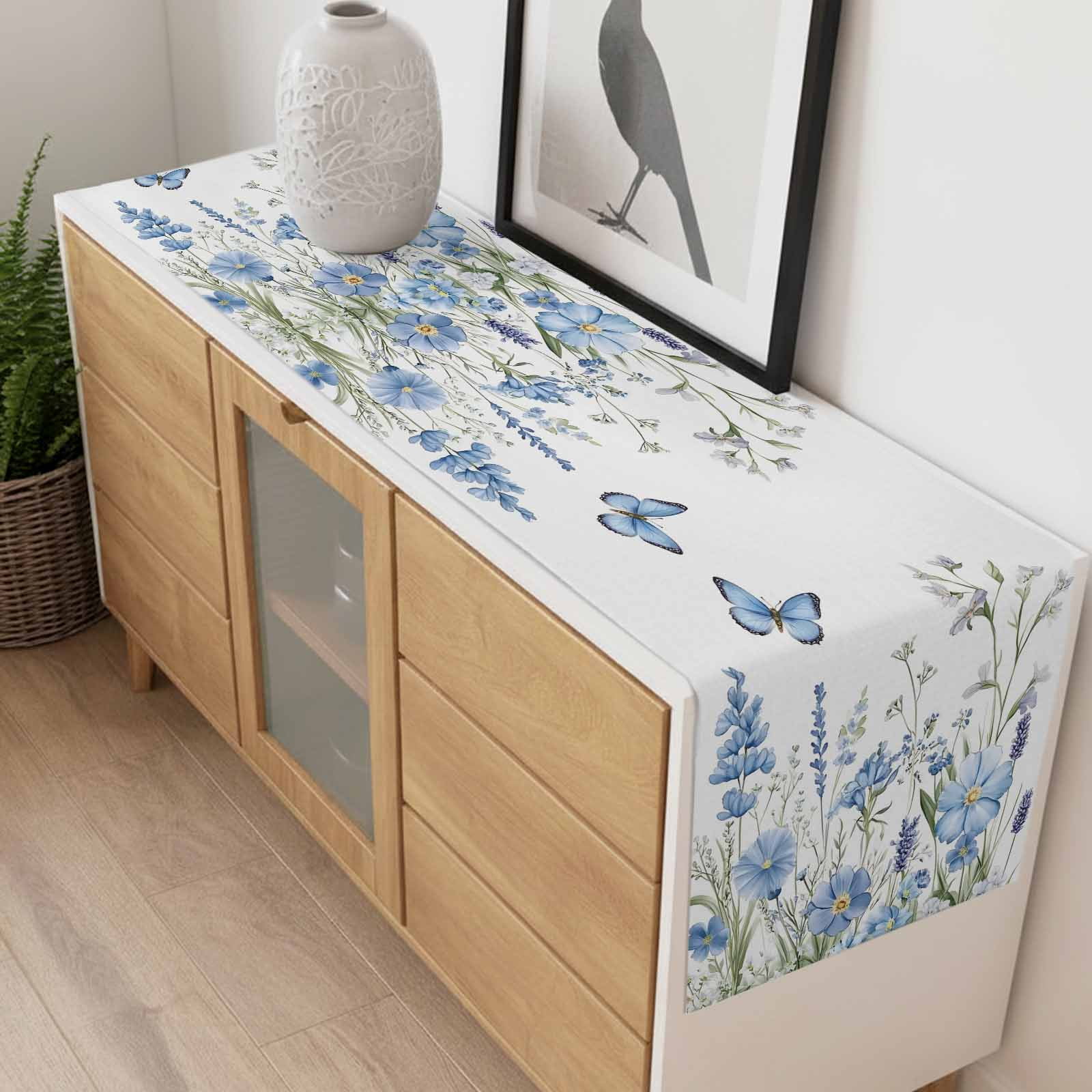 Floral Table Runner 13x120 inch Spring Blue Wildflowers Butterfly Botanical Scenery Cotton Linen Dining Table Runner Ideal for Dresser Kitchen Coffee Tables - Machine Washable