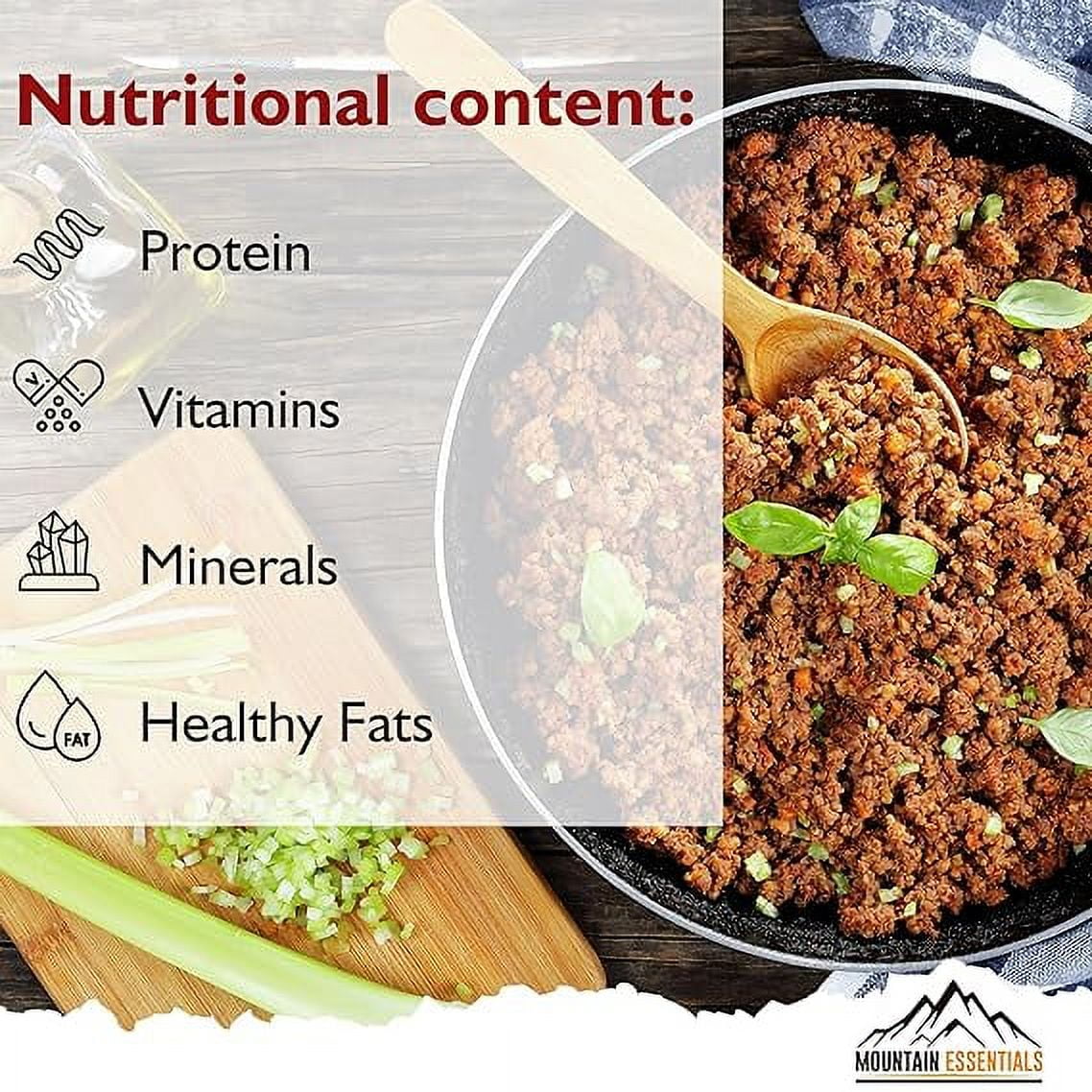 Mountain Essentials Freeze-Dried Ground Beef – Pre-Cooked Ready-to-Eat Hamburger Meat for Meal Prep, Camping, Emergency Food – 10 Servings per Pouch – Pack of 12