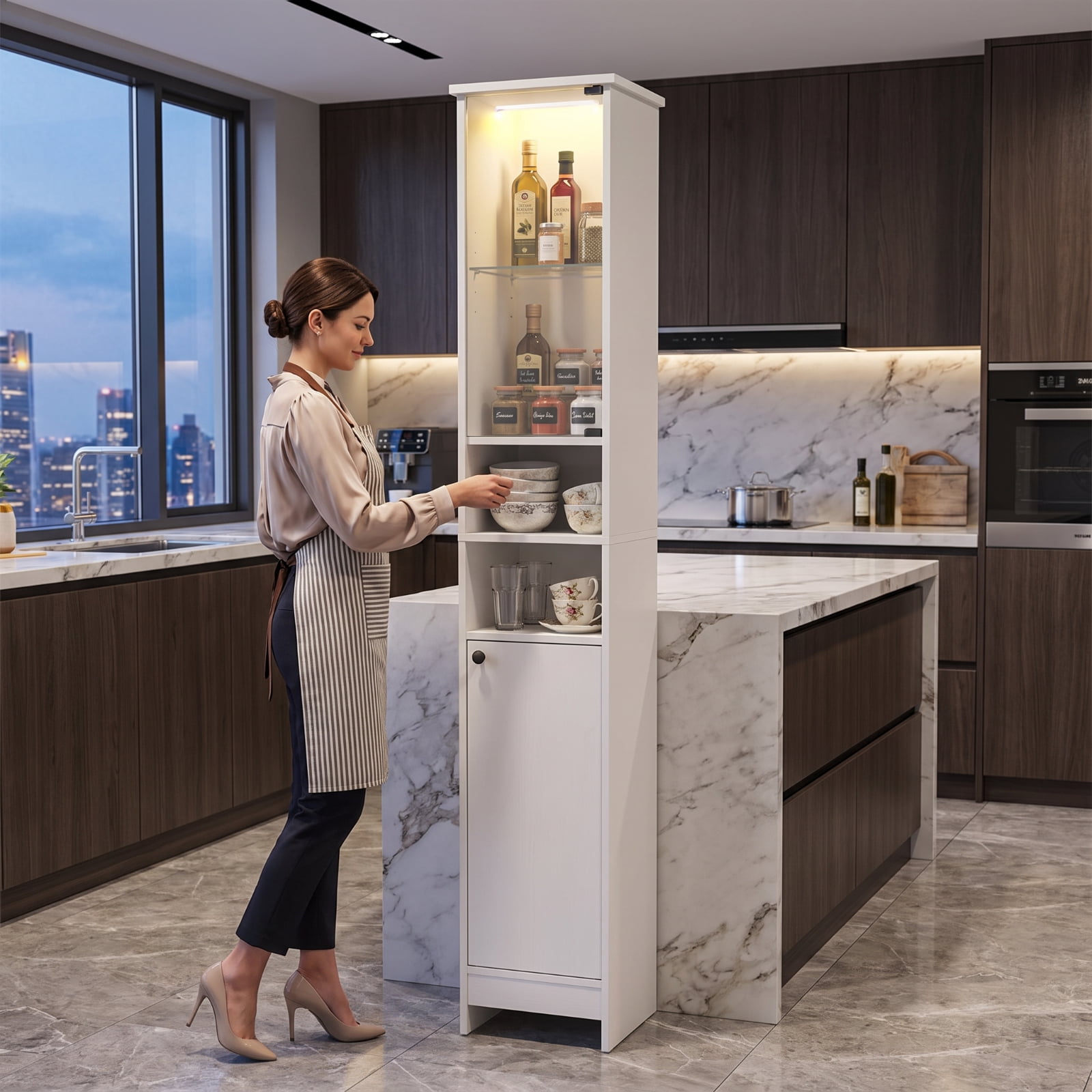 Vebreda Tall Bathroom Storage Cabinet with LED Lights, Freestanding Narrow Floor Cabinet with Remote Control, Adjustable Shelves and Push-to-Open Tempered Glass Door, White