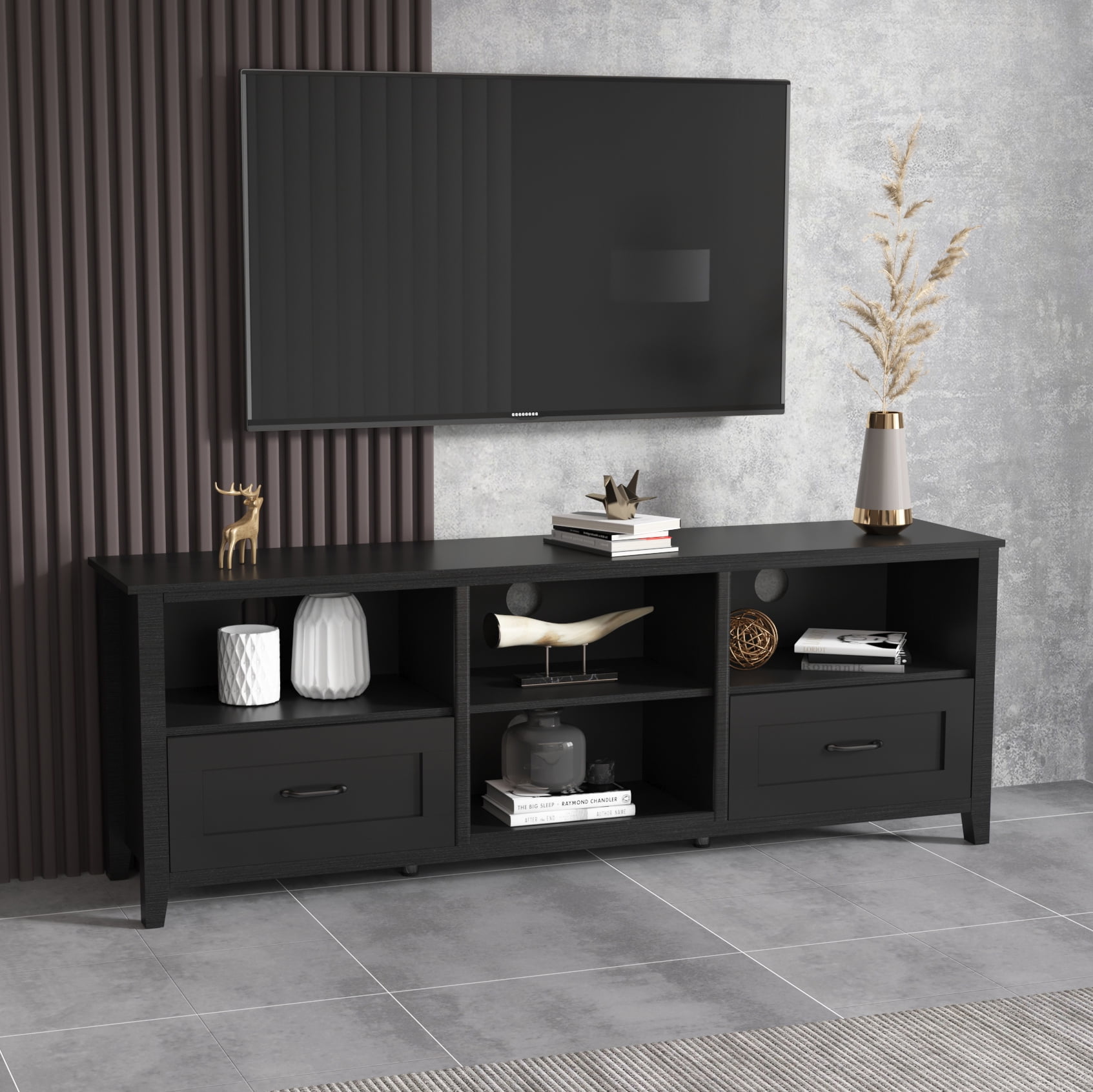 Resenkos 70" Black TV Stand Entertainment Center for TVs Up to 80" with 2 Drawers and Open Storage