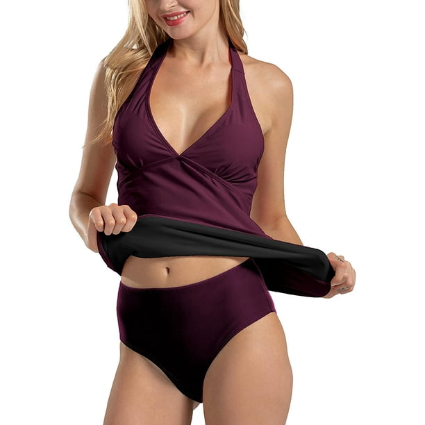 Women V Neck Tankini Set Halter Two Piece Swimsuits Ruched Tummy Control Bathing  Suit Slimming Plus Size Girls Swimwear 