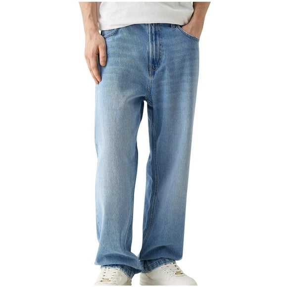 Penkiiy Jeans para Hombres Y2K Vintage Wide Leg Loose Fit Pantalones de Denim Hip Hop Carpenter Jeans L Blue