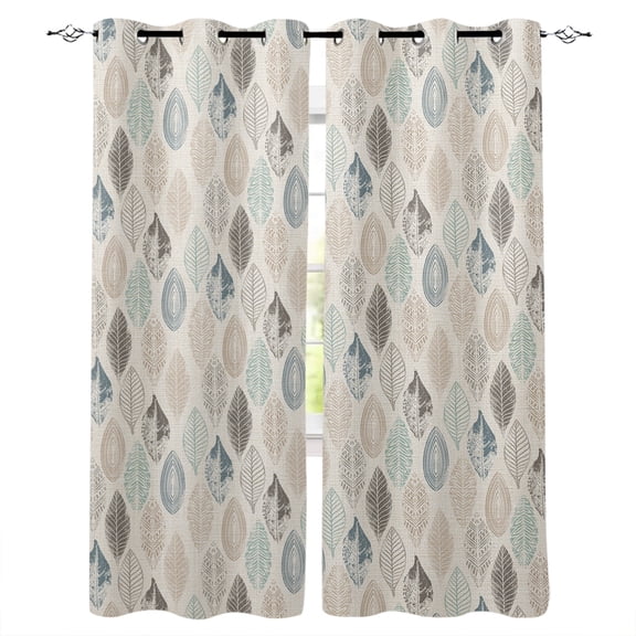 Blackout Curtains for Bedroom, Teal Beige Tropical Leaves Room Darkening Window Drapes for Living Room, Farmhouse Burlap Aesthetics Thermal Insulated Grommet Curtains, 42x54 inch, 2 Panels