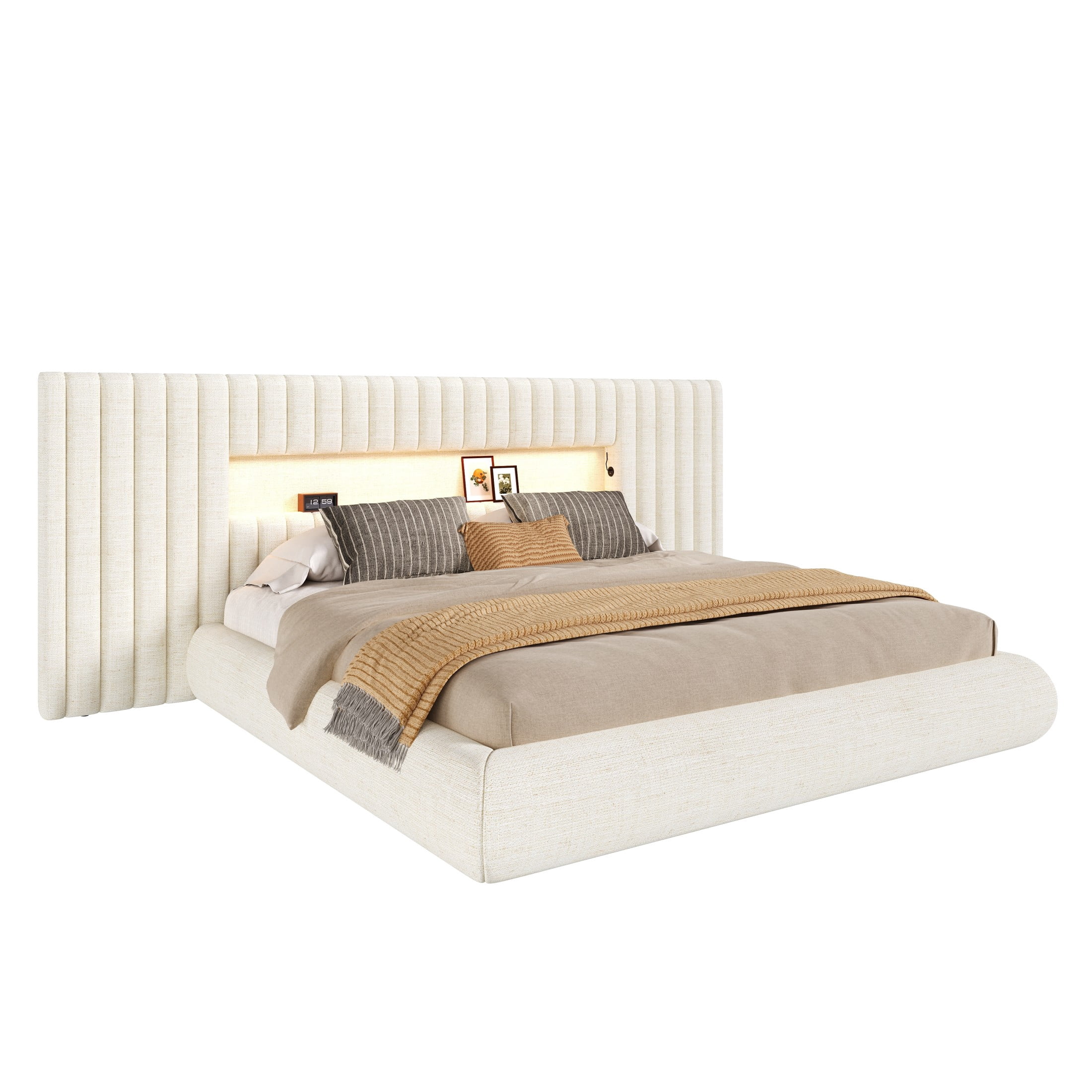 Christopher Knight Home Upholstered Platform Bed Frame with Thick Oversized Headboard, LED Lights, USB Ports, Beige
