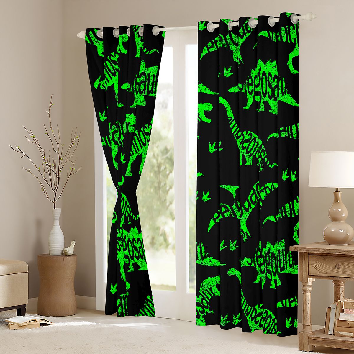 Homewish Wild Dinosaur Curtains Pack of 2 (42x84 Each),Safari Dino Curtains Blackout,Green Black Bedroom Curtains For Boys Kids,Super Cozy Room Decor
