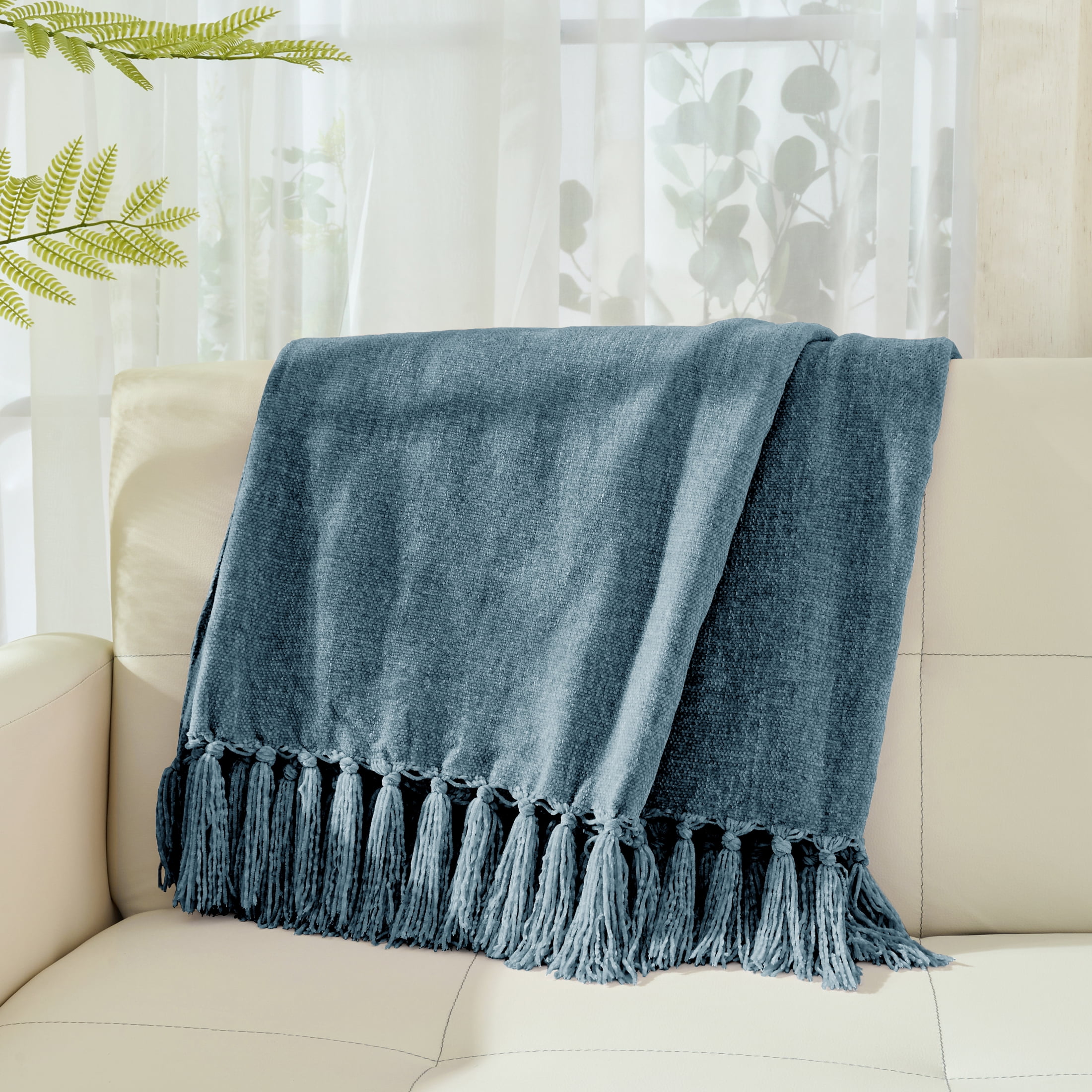 LONG CREATE Chenille Throw Blanket with Fringe Tassel for Couch Sofa Chair Bed, Dusty Blue 60" x 80"