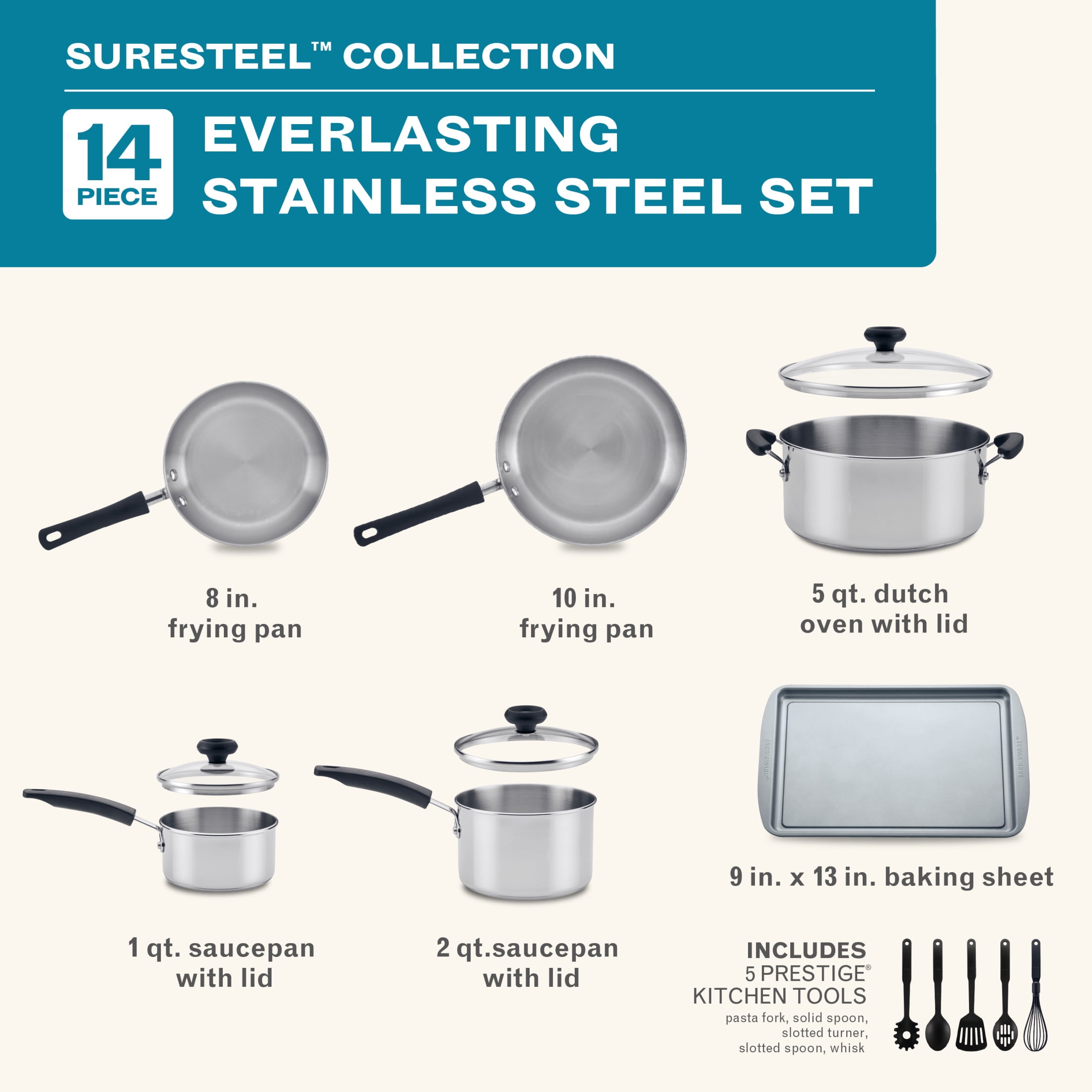 Farberware SureSteel 14 Pcs Stainless Steel Cookware Set Includes Baking Pan and Cooking Tools, Induction Compatible, Dishwasher Safe, Metal Utensil Safe, Stainless Steel