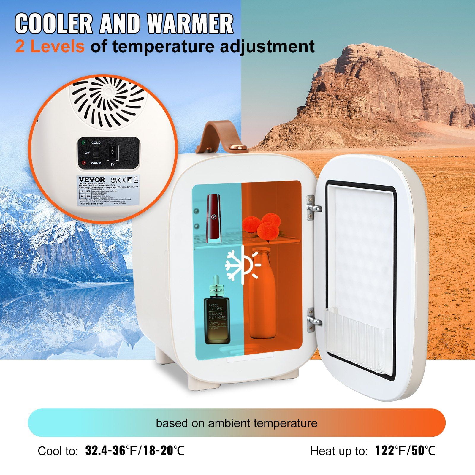 Mini Skincare Fridge 4L/6 Cans, Portable Makeup Refrigerator with AC/DC Power, Cooler & Warmer for Bedroom, Office, Dorm, Car, ETL Certified, Quiet 38dB Beauty Fridge for Cosmetics, Milk, Drinks, White