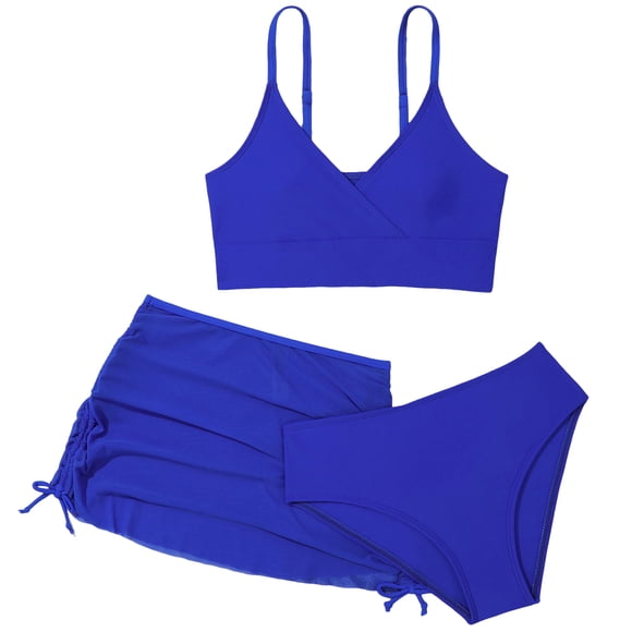 adviicd Girl Bikini Set Teen Girl Swimsuit 3 Piece Bikini Bathing Suit with Beach Skirt Kids Print Spaghetti Strap Bikini Set 8-14Y(Blue,9-10 Years)