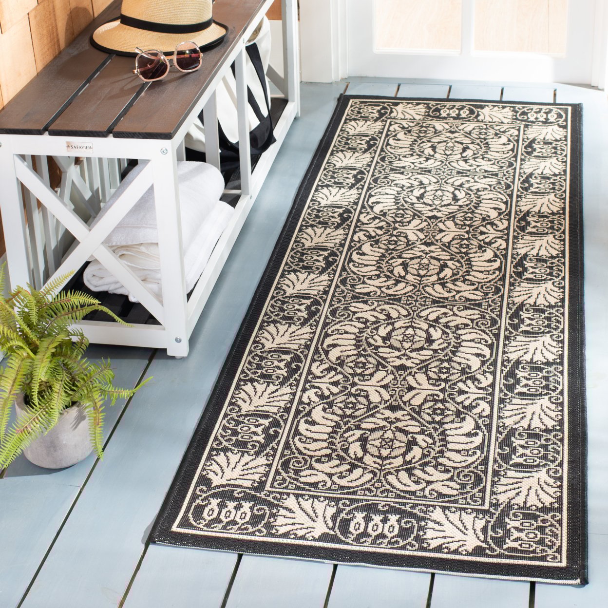 thumbnail image 2 of SAFAVIEH Courtyard Charlotte Floral Indoor/Outdoor Area Rug, 4' x 5'7", Black/Sand, 2 of 5
