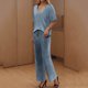 thumbnail image 4 of Conjunto de Sudor para las Mujeres de la Pierna Ancha de Moda Sólido Cuello en V de Manga Corta Pijamas, Pantalones Recortados Casuales Conjunto para el Descanso Y el Ocio en Interiores, 4 of 6