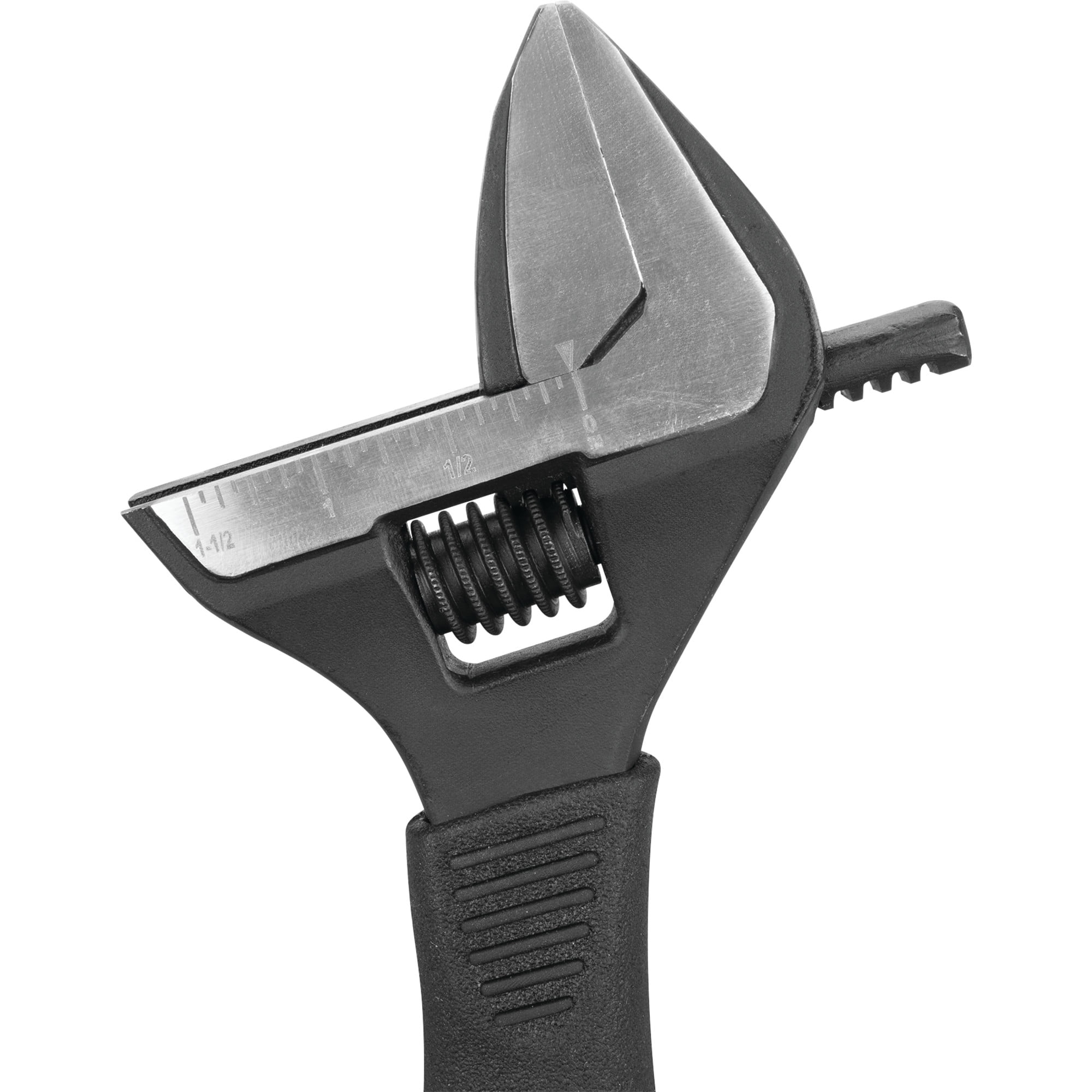 Performance Tool W30622 8 Inch Wide Mouth Adjustable Wrench: 1-1/2-in Jaw Capacity, Chrome Vanadium Steel, Ergonomic Molded Grip, Black Phosphate Finish, SAE/Metric, For Auto, Home, Black