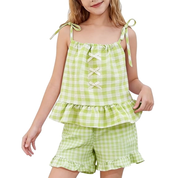 ITSAME Girls Outfits 2-Piece, Ruffled Camisole and Shorts Plaid Print Summer Fashion Casual Clothes Set Green Size 6