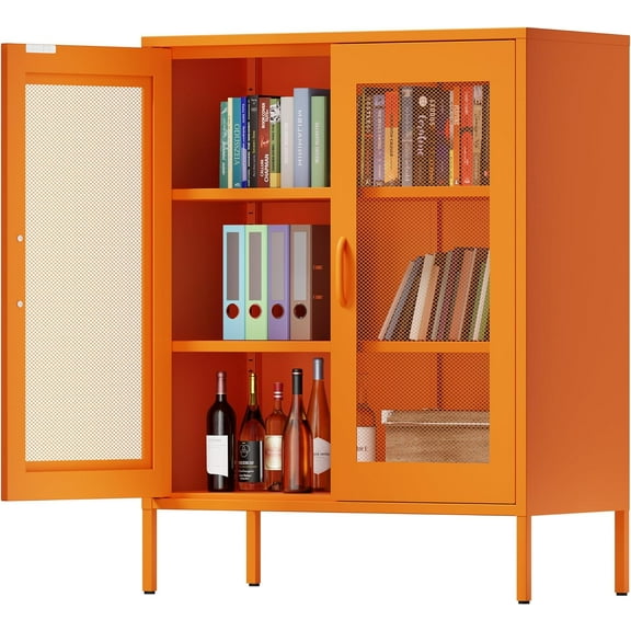 Metal Locker Storage Cabinet with 2 Mesh Doors and Adjustable Shelves,Orange Metal Locker Cabinets,Coffee Bar Cabinet,Kitchen Pantry Storage Cabinets for Home,Sideboard,Office(40" H)