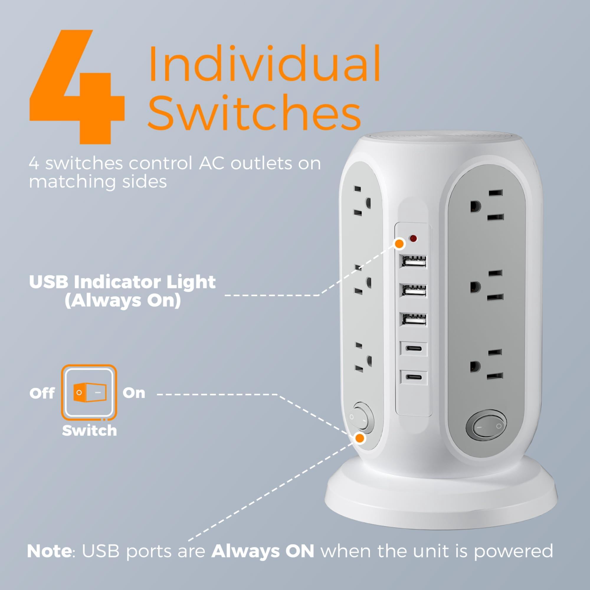 Tower Power Strip With Individual Switches  Surge Protector 12 Outlets 5 Usb Ports(2 C) Flat Extension Cord 15 Ft 1250w Charging Station For Multiple Devices Office Dorm Grey