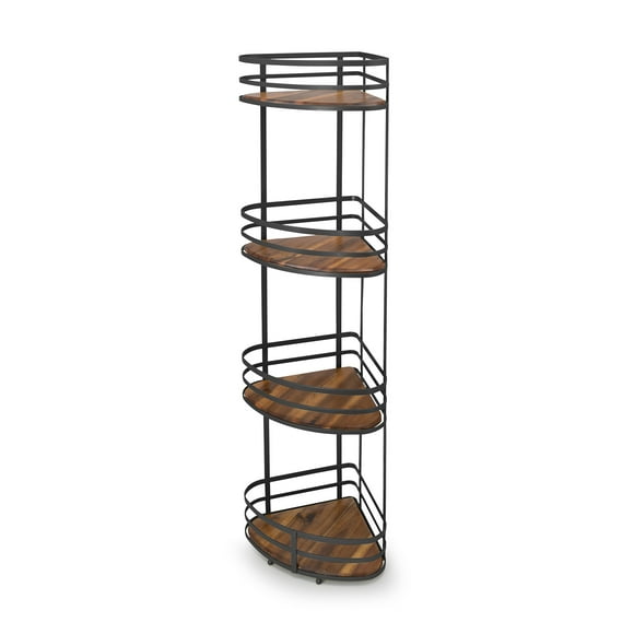 Esquinero Para Baño Estante Organizador Mueble Para Baño 4 Niveles Metalico Negro Madera Acacia