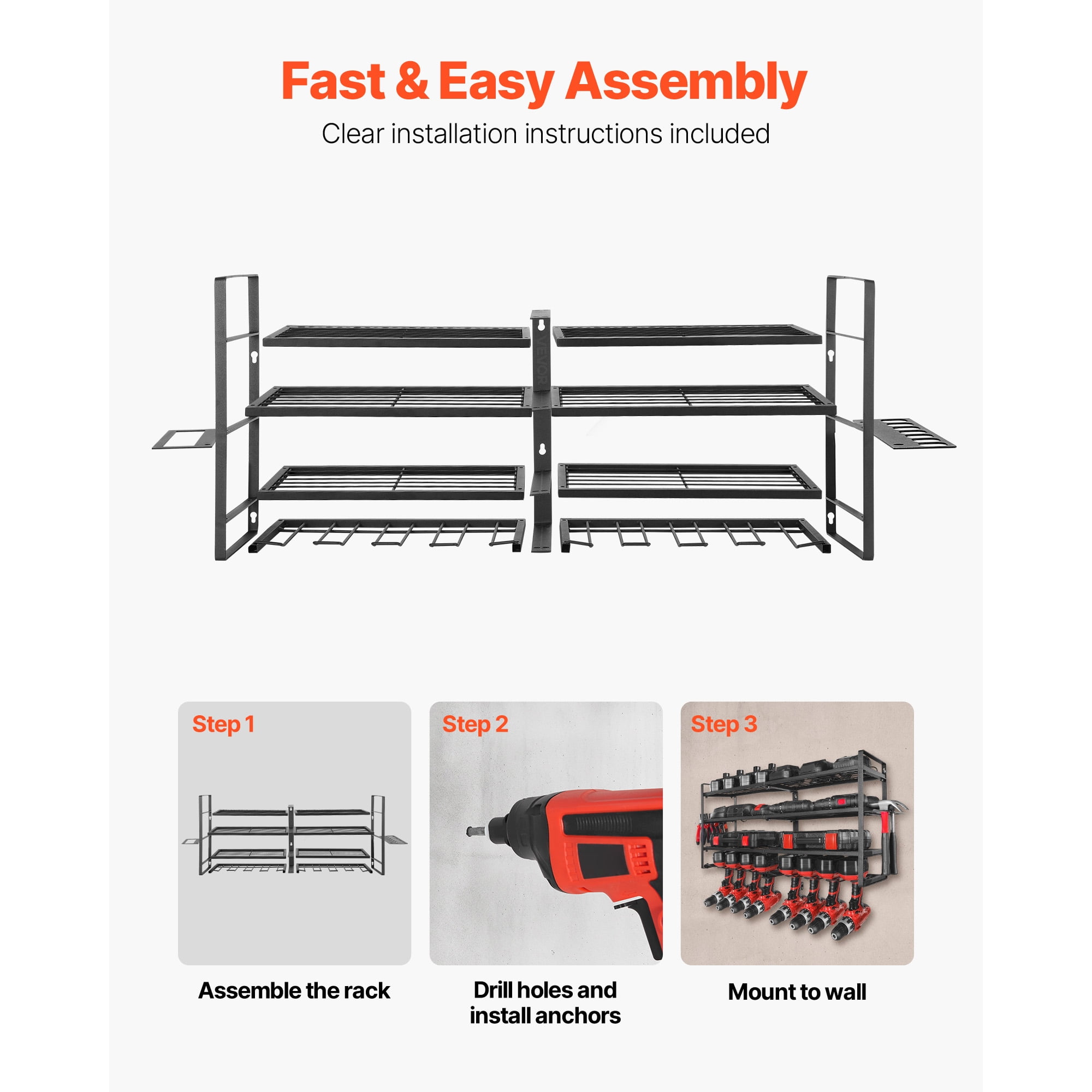 KFFKFF Wall-Mounted Power Tool Organizer, 4-Tier Storage Rack with 8 Drill Slots, Tool Holder and Rack with Screwdriver Storage, Ideal for Garage, Workbench, and Workshop Organization