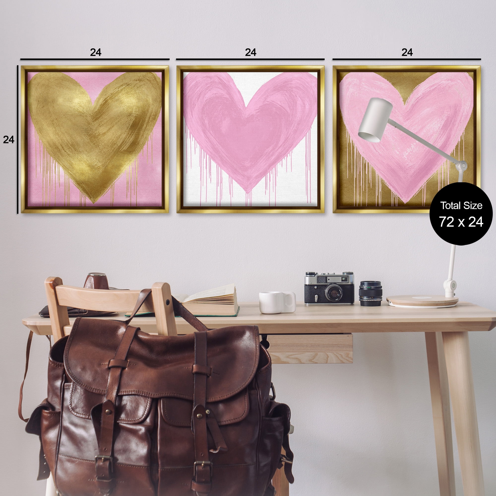 Stupell Industries Glam Paint Drip Hearts Design Art for Kids Painting Gold Floater Framed Canvas Art Print Wall Art, 25 x 25, Set of 3