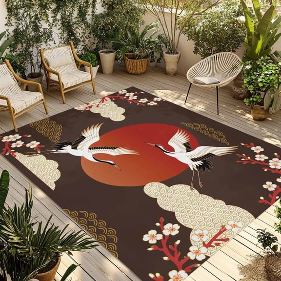 Japanese Style Outdoor Rug for Patio/Deck/Porch, Non-Slip Large Area Rug 5 x 8 Ft, Modern Cranes Cherry Flower Wave Brown Indoor Outdoor Rugs Washable Area Rugs, Reversible Camping Rug Carpet Runner