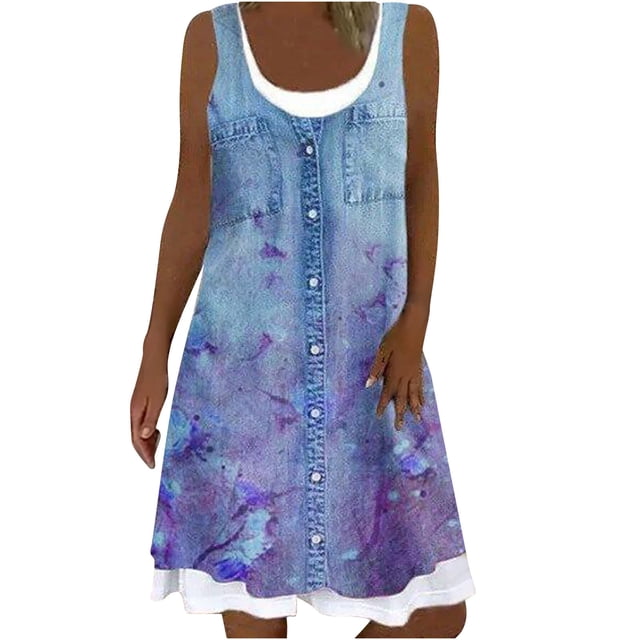 Robe d'Été Florale pour Femmes Mode Décontractée Sexy Col Rond Imprimé Floral Fausse Robe Sans Manches Deux Pièces Robe d'Été Florale pour Femmes Robe d'Été Sexy pour Femmes