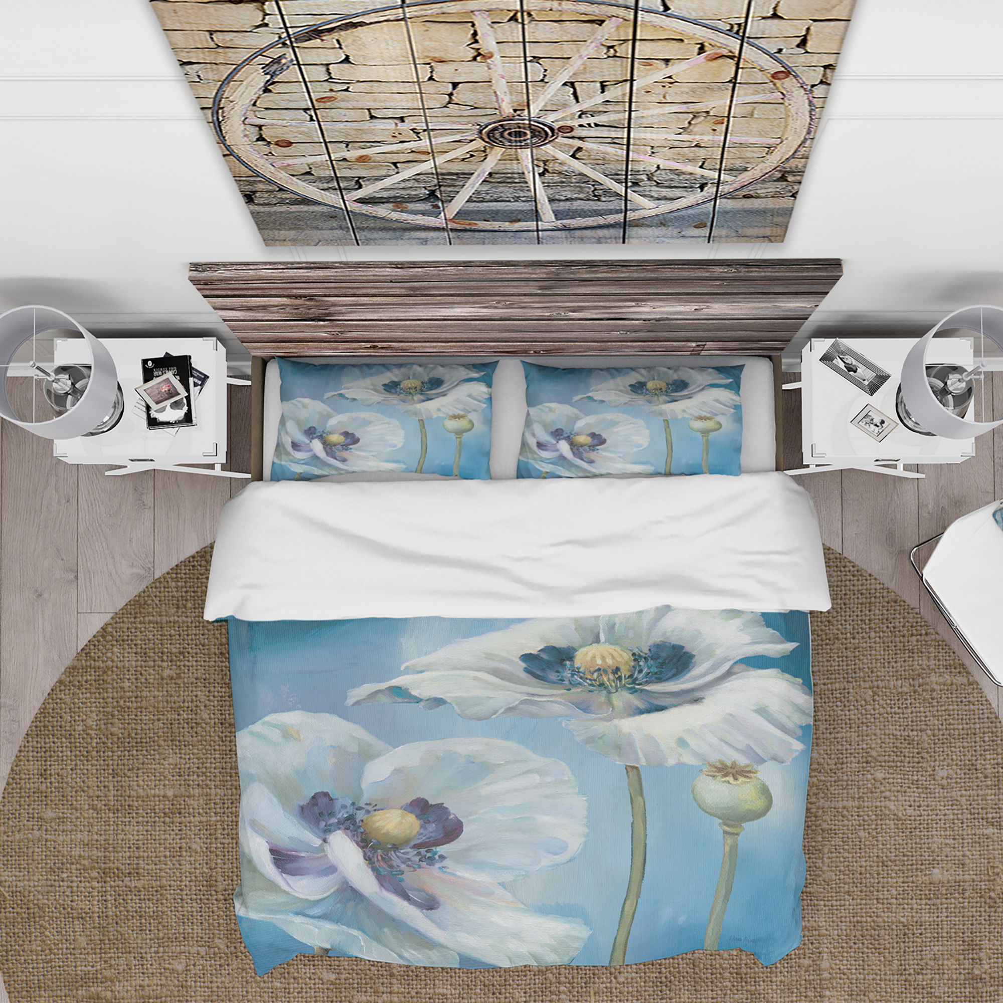 Designart 'White Flower on Blue I' Cottage Duvet Cover Set