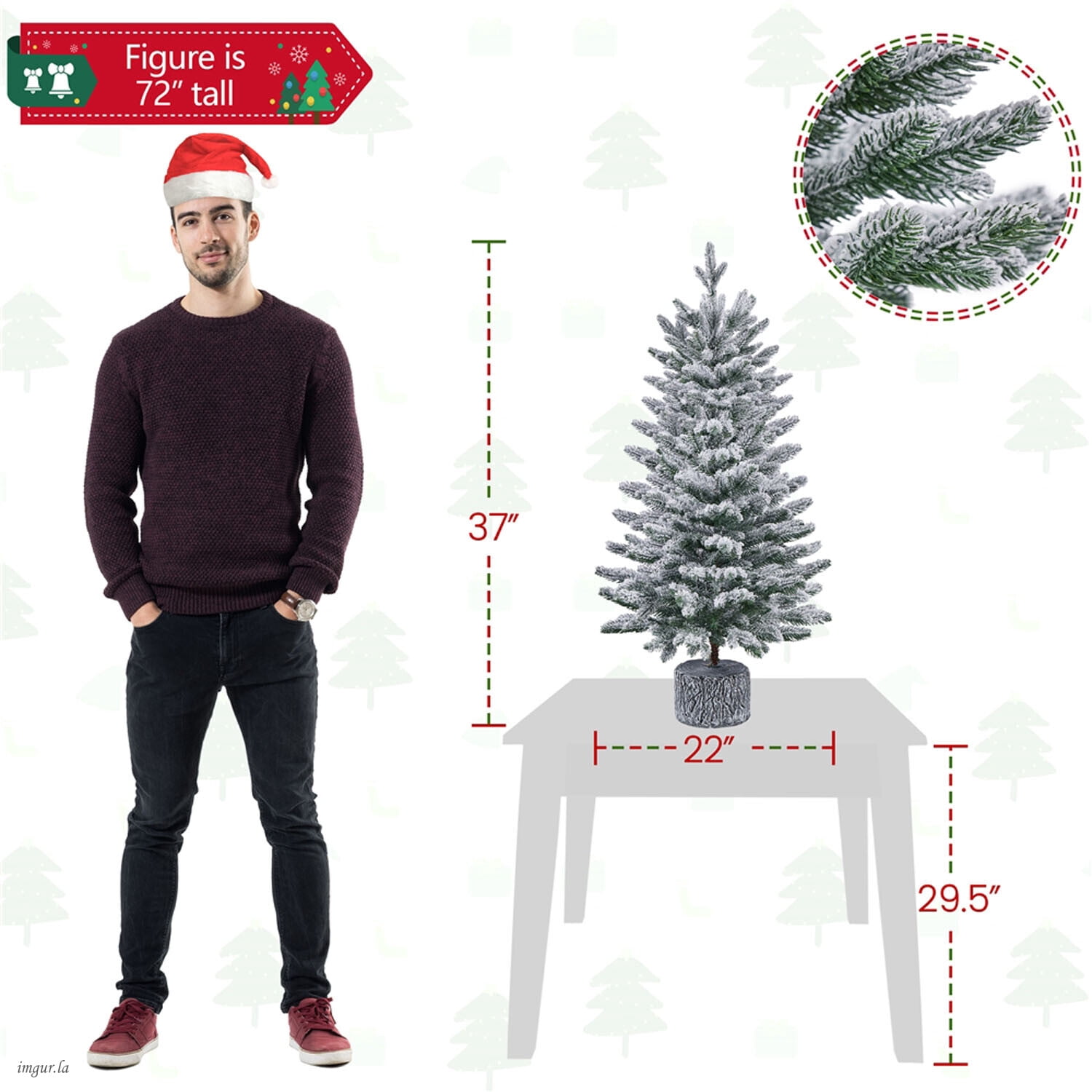 Alden Design 3FT Pre-lit Potted Flocked Tabletop Christmas Tree, Mini Artificial Xmas Tree with LED Lights, Stand and Protective Sheet, Green & White