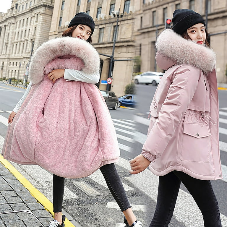 Zpanxa Winter Coats for Women Thickening Velvet Keeping Warm Casual Hooded Coat Winter Snow Coat Mountain Windbreaker Waterproof Ski Jacket Pink L Walmart