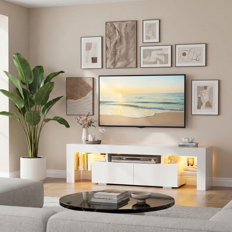 Lacoo 70" LED TV Stand for 70 Inch TV, Modern Media Console with 2 Extra Deep Drawers and RGB Light Strip, Gaming Entertainment Center with Open Glass Shelves