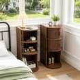 thumbnail image 2 of Fluted Narrow Nightstands with Sliding Tambour Doors, 3-Tier Slim Bedside Table with Open Shelf for Small Space, Walnut, 2 of 7