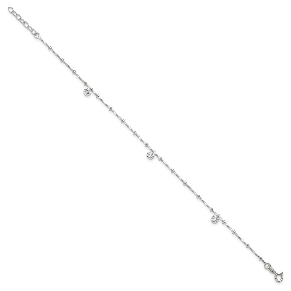 Sterling Silver Polished Beaded with White CZ Dangles 9 inch with 1 inch Extension Anklet