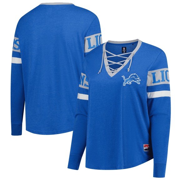Women's New Era Blue Detroit Lions Plus Size Throwback Lace-Up Long Sleeve T-Shirt