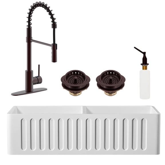 Westbrass BK236KS18-12 36" Double Bowl Reversible Apron Front Solid Surface Kitchen Sink with Open Coil Faucet, Soap Dispenser and Drain Trim, Oil Rubbed Bronze