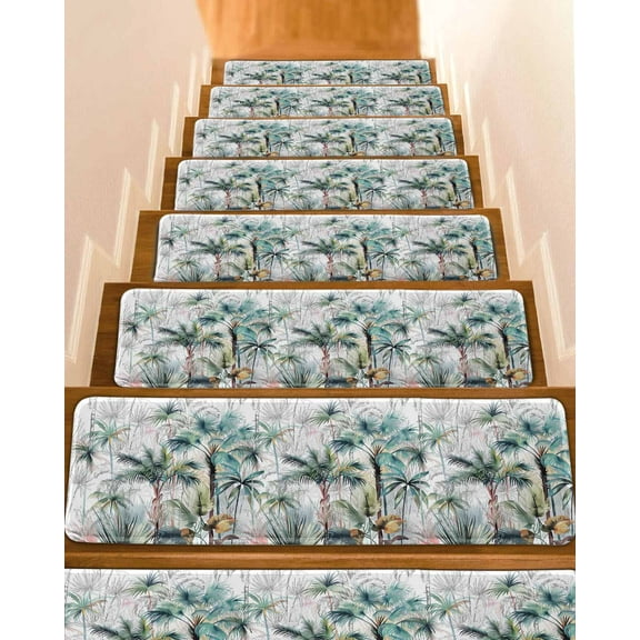 Summer Palm Trees Stair Treads for Wooden Steps Indoor Runner Rug Carpet, Botanical Tropical Leaves 7 Pieces Peel and Stick Staircase Step Treads Covers Washable Throw Door Mats, 30"x8"