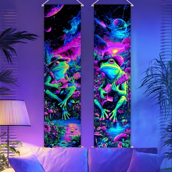 2 Pack Blacklight Frog Guitar Tapestry Glow in the Dark Tapestry UV Reactive Forest Wall Hanging 12.9×51 Inch with Rope Wooden Rod Multi-color