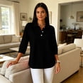 thumbnail image 6 of Womens 3/4 Sleeve Button Down Collared Polo Shirts Vintage Casual Business Everyday Tops Black M, 6 of 9