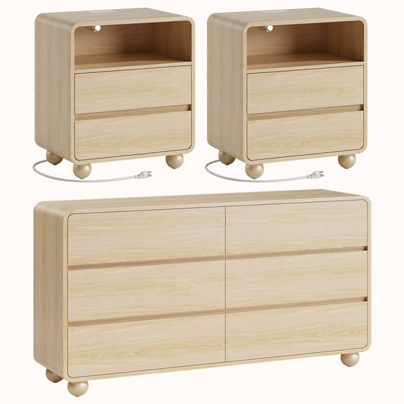 GIKPAL Dresser and Nightstand Sets for Bedroom, 3-Piece Bedroom Furniture Set, 6 Drawer Dresser with Modern Nightstand Set of 2, Charging Station, Natural