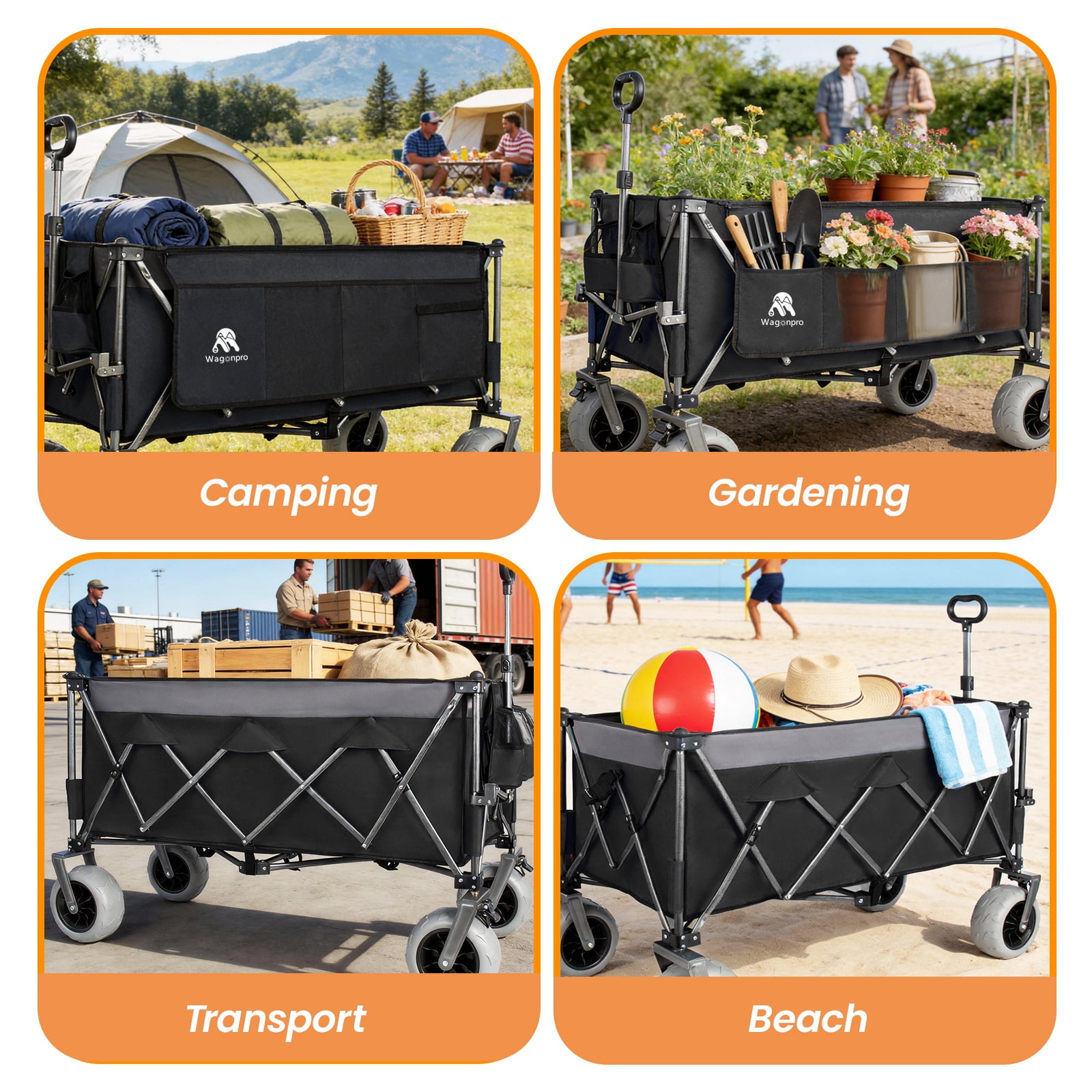 Extended Foldable Utility Wagon, Collapsible Wagon with Patented Ultra-Stable Frame, 9 Inch All-Terrain Wheels with Brakes, 600D Oxford Cloth for Beach Sports Garden