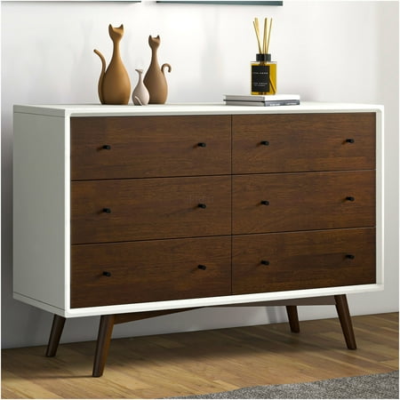 JERFIT Mid Century Modern 6-Drawer Dresser Solid Wood Storage Chest for Bedroom White and Dark Brown Finish Wide Organizer for Closet Hallway or Entryway