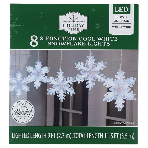Indoor/Outdoor 8-Count LED 8-Function Snowflake Christmas Icicle Lights, Cool White, White Wire, 9', by Holiday Time